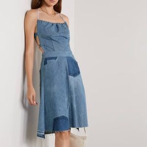 MOTHER + NET SUSTAIN + Carolyn Murphy open-back frayed patchwork denim dress